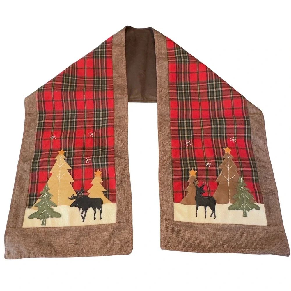 Rustic Plaid Christmas Table Runner Moose Deer Lodge Cabin Decor 13x70 Red Brown